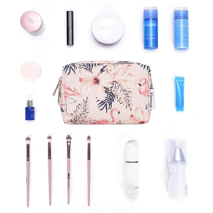 Narwey Small Makeup Bag for Purse Mini Cosmetic Bag Travel Makeup Pouch Zipper Pouch Cute Make up Bags with Compartments for Women Girls (Beige Flamingo, Small)