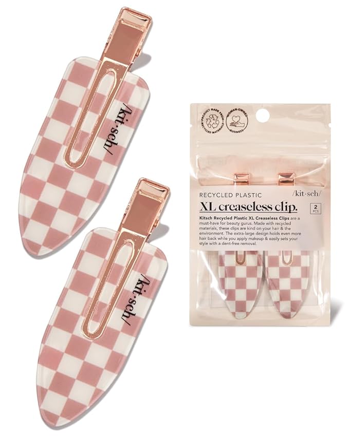 Kitsch Extra Large Creaseless Hair Clips for Women, No Bend No Crease Hair Clips, Recycled Acrylic Makeup Clip, Hairstyling - Terracotta (Checkered), 2pcs