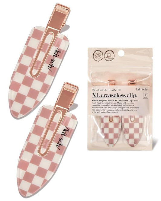 Kitsch Extra Large Creaseless Hair Clips for Women, No Bend No Crease Hair Clips, Recycled Acrylic Makeup Clip, Hairstyling - Terracotta (Checkered), 2pcs