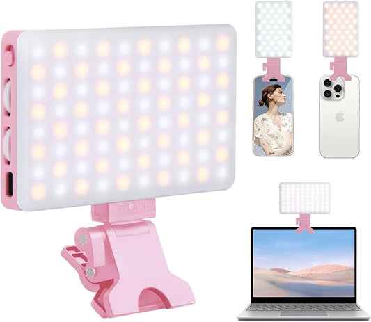 Inspack 80 LED Selfie Light for iPhone, Portable Phone Clip for Tiktok Video Recording, Zoom Calls Lighting Computer, High Power Rechargeable with 3 Light Modes, Laptop Conferencing(Pink)