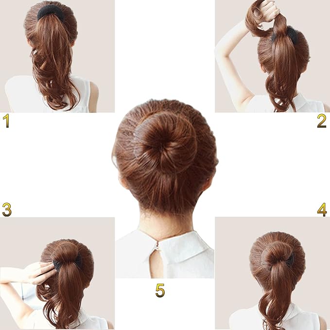 Hair Bun Maker Set, 37 Pieces (2 Large, 2 Medium, 2 Small) Donut Bun Makers, 10 Elastic Hair Ties, 20 Bobby Pins, 1 Comb - Black