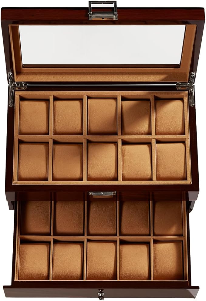 20-Slot Wooden Watch Box, Wood Watch Case with Glass Lid, 2 Layer Storage Organizer for Men Women, Velvet Lining, Watch Display Box, Mother's Day Gifts