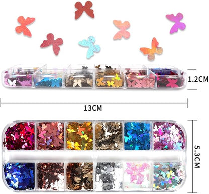 3D Butterfly Nail Glitter Sequins Holographic Laser Butterfly Nail Art Stickers Decals Butterfly Glitter Nail Designs Confetti Nail Sparkle Glitter Flakes Butterflies for Acrylic Nails Craft,12Girds
