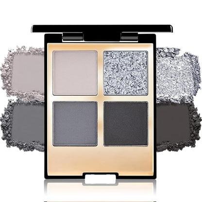 Eyeshadow Quad Makeup Palette – 4 Shades of Black, Gray, Natural, Nude & Smoky Tones, Blendable Matte & Shimmer, Long-Lasting Waterproof, Perfect for Mature & Young Women, with Built-In Mirror 01#