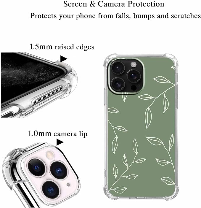 Case for iPhone 16 Pro with Minimalist Art Design,Aesthetic Sage Green Leaves Branches Pattern,Trendy Soft TPU Bumper Case Cover,6.3"(Leaf,16pr)