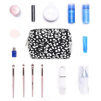 Narwey Small Cheetah Makeup Bag for Purse Mini Cosmetic Bag Travel Makeup Pouch Zipper Pouch Cute Make up Bags with Compartments for Women Girls (Black Leopard, Small)