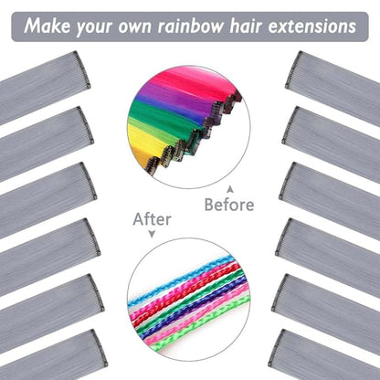 20 Inch Colored Hair Extensions Party Highlights Straight Colorful Clip In Hair Extensions Synthetic Rainbow Hairpieces for Girls Kids Gift(Grey, 12 PCS)