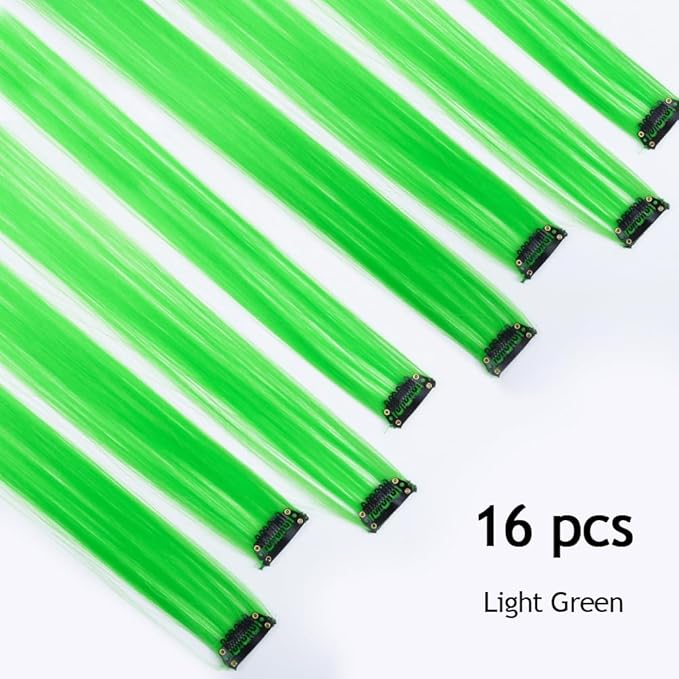 20 inch Green Clip in on Hair Extensions Colored Hair Accessories Party Highlights Long Straight Synthetic Hairpieces for Women Kids Girls16 PCS(Green)