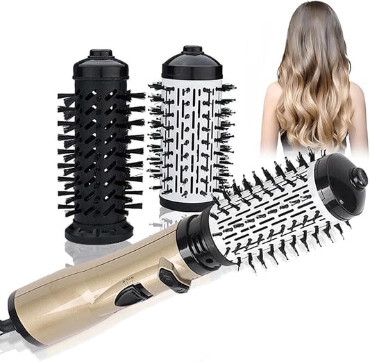 3-in-1 Hot Air Styler and Rotating Hair Dryer, Spin Hair Dryer Brush with 2 Interchangeable Brush, Anti-frizz Hot Air Spin Brush Set for Straightening, Drying, and Curling (Gold)