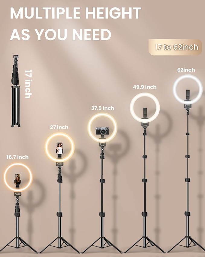 12'' Ring Light with 62'' Extendable Tripod Stand, Selfie Ring Light with Stand and 2 Phone Holder for Live Stream/Makeup/YouTube/TikTok, Compatible with All Phones, Ipads and Cameras (12inch)