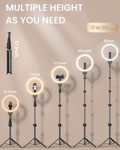 12'' Ring Light with 62'' Extendable Tripod Stand, Selfie Ring Light with Stand and 2 Phone Holder for Live Stream/Makeup/YouTube/TikTok, Compatible with All Phones, Ipads and Cameras (12inch)