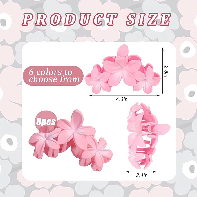 6Pcs Flower Hair Clips for Women,Non-Slip Matte Flower Hair Clips for Women,Hawaiian Clip Large Plumeria Hair Clip Banana Cute Clip Beach Hair Accessories (Frosted gradient color)