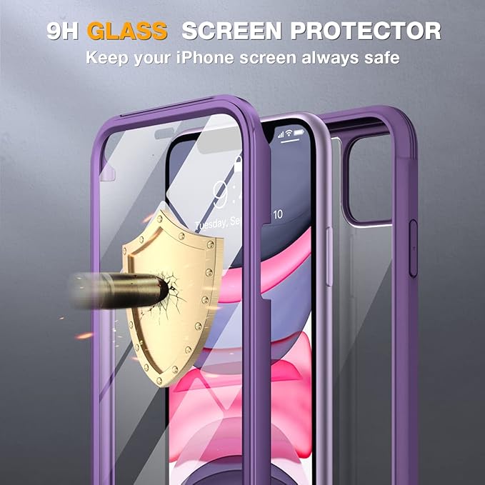 Miracase Glass Series for iPhone 11 Case [with Camera Lens Protector] Full-Body Rugged Bumper Case with Built-in 9H Tempered Glass Screen Protector Compatible with iPhone 11 6.1 inch, Purple