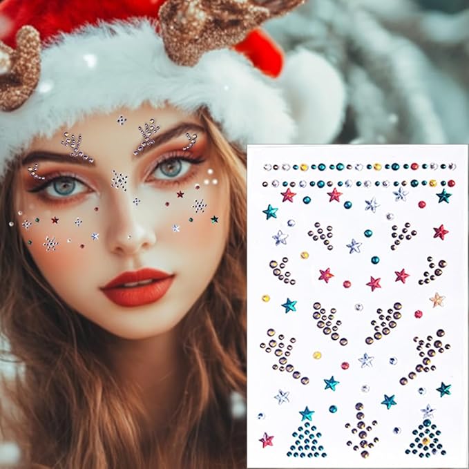 3 Sheet Christmas Face Gems Hair Gems, Self-Adhesive Face Jewels Eye Jewels Rhinestones DIY Face Gems Stick on, Halloween Makeup Gems Rave Accessories for Face Eyes Body Makeup, Crafts