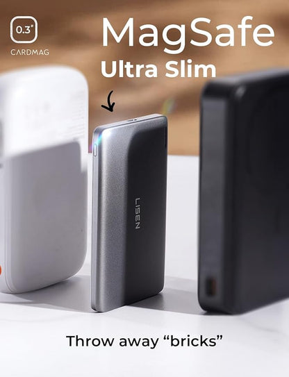 LISEN 0.3‘’ Ultra Slim MagSafe Portable Charger iPhone,Alloy 5,000mAh Wireless Card Slim MagSafe Battery Pack,Dad Gifts for Fathers Day,Magnetic Power Bank for iPhone 16e Pro Max/15/14/13/12,Glacier