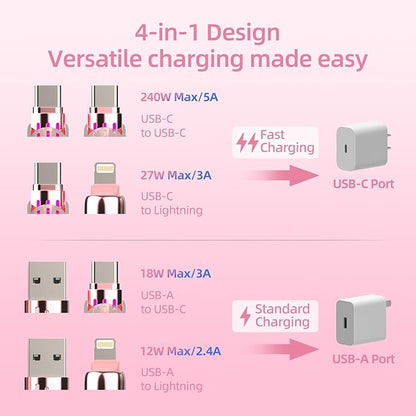 4-in-1 Universal Multi USB Charging Cable – 240W Max Fast Charger Cord with Multiple Connectors for iPhone 16/15/14/13, iPad, Samsung, MacBook, Tablets & More (Pink, 6.6Ft)