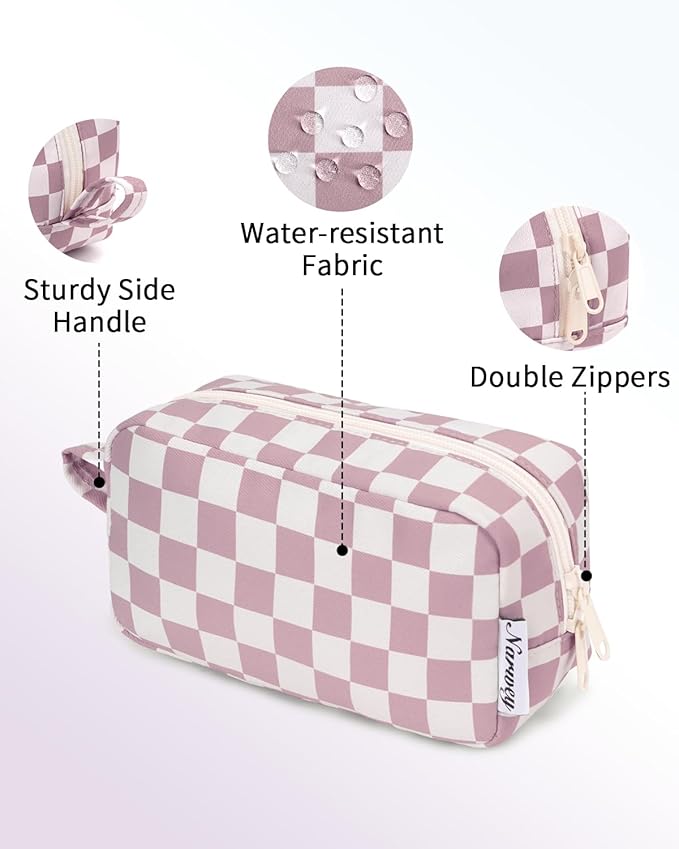 Narwey Small Cosmetic Bag, Small Makeup Bag for Purse, Travel Mini Makeup Pouch, Zipper Pouch, Cute Checkered Makeup Bag with Organized Pockets for Women (Dusty Rose Checkerboard, Small)