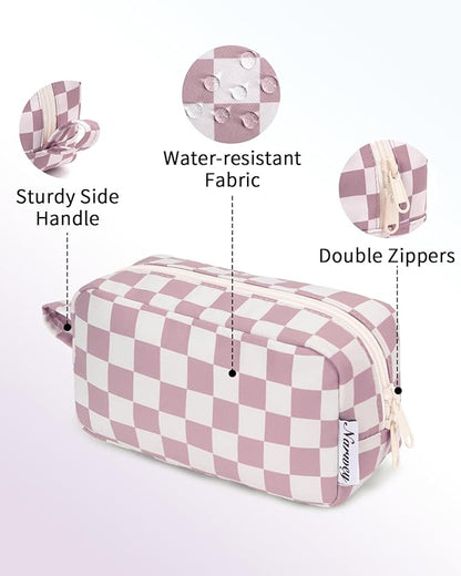Narwey Small Cosmetic Bag, Small Makeup Bag for Purse, Travel Mini Makeup Pouch, Zipper Pouch, Cute Checkered Makeup Bag with Organized Pockets for Women (Dusty Rose Checkerboard, Small)