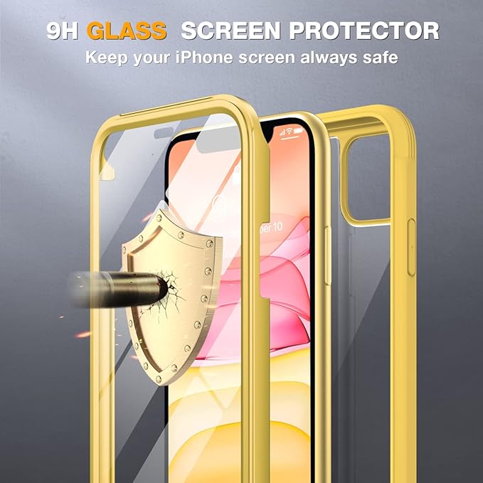 Miracase Glass Series Designed for iPhone 11 Case [2023 Upgraded] Full-Body Rugged Bumper Case with Built-in 9H Tempered Glass Screen Protector and Camera Protector (Yellow)