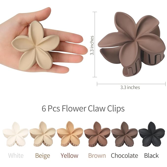 Hawaiian Plumeria Flower Claw Hair Clips - 6 Pcs Large for Thick Hair and Thin for Beach, Hair Accessories for Women and Girls - Khaki