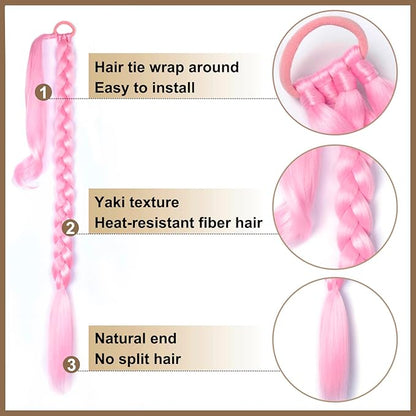 2 Pack Pink Long Braided Ponytail Extension with Hair Tie Straight Wrap Around Hair Extensions Ponytail Natural Soft Synthetic Hair Piece for Women