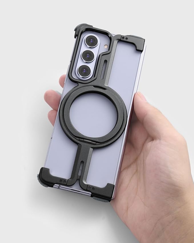 OATSBASF for Samsung Galaxy Z Fold 5 Bumper Case, with Kickstand 360° Rotatable Magnetic Stand Case, Minimalist Phone Case for Galaxy Z Fold 5, Frameless Metal Case, Black