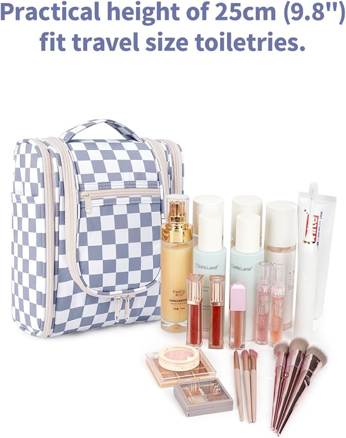 Narwey Small Checked Hanging Travel Toiletry Bag for Women, Travel Bag for Toiletries, Makeup Bag Organizer Cosmetic Bags Make Up Bags for Women (Grayish Blue Checkerboard)
