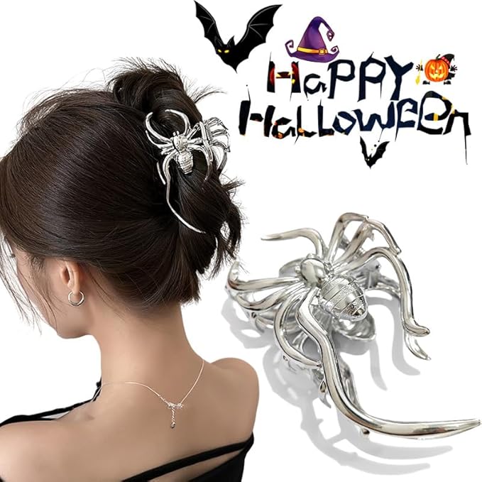 Hair Claw Clips for Women Girls, 3PCS Skeleton Hand Spider Web and Large Spider Punk Metal Alloy Hair Accessories Decorations for Thick Hair Styling Tools Gift(Silver Color)