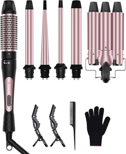 6 in 1 Curling Iron, 3 Barrel Curling Iron Set with Curling Brush (1.5inch) and 5 Interchangeable Ceramic Curling Wand(0.35"-1.25"), 2 Temp Heating Setting, Contain Comb & Protective Glove & 2 Clips