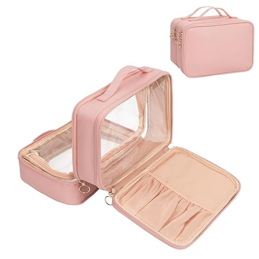 OCHEAL Makeup Bag, Double Layer Cosmetic Bag, Large Capacity New Look Clear Cosmetic Case for Women Travel Beauty Essentials, Multiple Compartments Make up Organizer Zipper Pouch- Pink