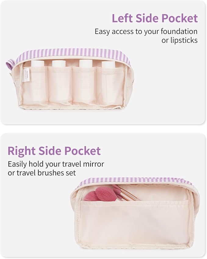 Narwey Cute Makeup Bag Small Toiletry Bag Travel Cosmetic Bag Organizer Make Up Bags with Organized Pockets for Women (Purple Stripe, Large)