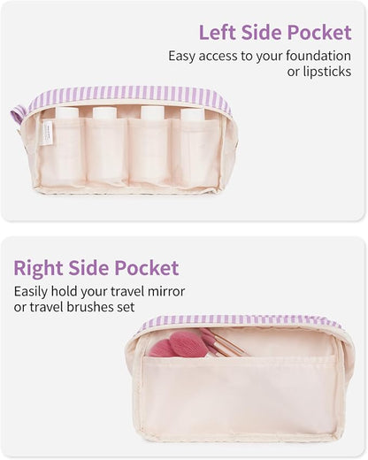 Narwey Cute Makeup Bag Small Toiletry Bag Travel Cosmetic Bag Organizer Make Up Bags with Organized Pockets for Women (Purple Stripe, Large)