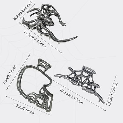 3 Pieces Large Metal Spider Net Hand Hair Claw Clips for Women and Girls Thick Long Hair, Nonslip Skeleton Spooky Barrette Headband Hair Styling Accessories for Halloween Christmas Gifts