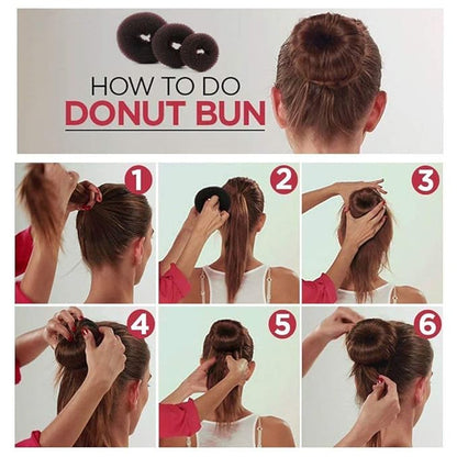 Hair Accessories Set: 3 Donut Bun Makers, 2 Foam Sponge Shapers, 1 French Twist Clip, 2 Snap Buns, 10 Elastics, 20 Pins (Black)