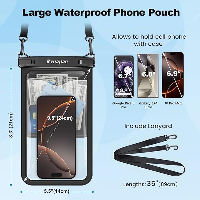 2 Pack Waterproof Phone Pouch - 10in Waterproof Phone Case with Lanyard, IPX8 Cell Phone Dry Bag Beach Cruise Ship Essentials for iPhone 16 15 14 Pro Max, Galaxy S25 S24 Ultra