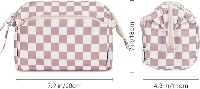 Narwey Checkered Makeup Bag Women Wide-open Make up Bag Travel Cosmetic Bag Organizer Toiletry Bag for Cosmetics Toiletries Accessories (Dusty Rose Checkerboard)