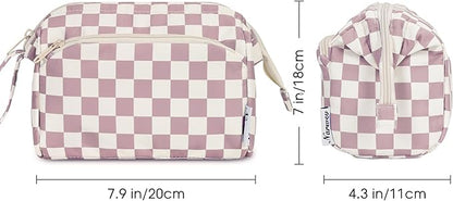 Narwey Checkered Makeup Bag Women Wide-open Make up Bag Travel Cosmetic Bag Organizer Toiletry Bag for Cosmetics Toiletries Accessories (Dusty Rose Checkerboard)