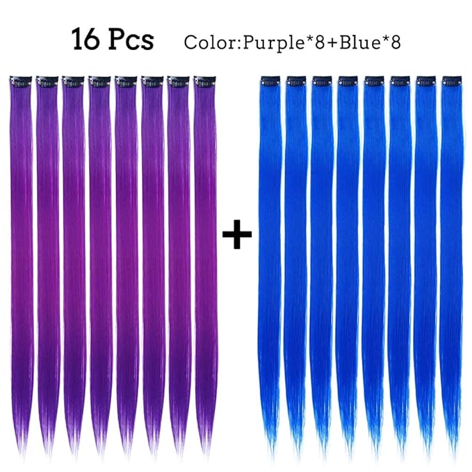 16Pcs Color Clip in Hair Extensions Purple Blue Multiple Color Hair 20inch Colorful Straight Fashion Clip on Hairpieces for Girls Women(Purple + Blue)
