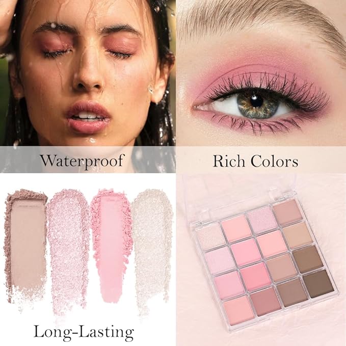 16Color Matte Shimmer Eyeshadow Palette, Nude Brown Rose Gold Coffee White Pink Red Sparkly Eye Shadow Makeup, Warm Pastel Eyeshadows Long Lasting Waterproof Naturing-Looking Women Girls Eye Shadow