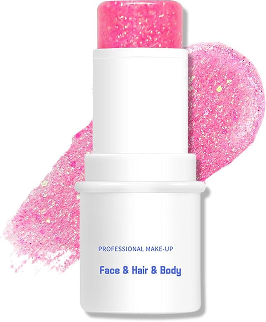 Body Glitter Stick, Chunky Gel for Face and Body Hair, Sparkling Holographic Mermaid Sequins Paint, Waterproof Multiuse Makeup Glitter Paint, 02#Pink
