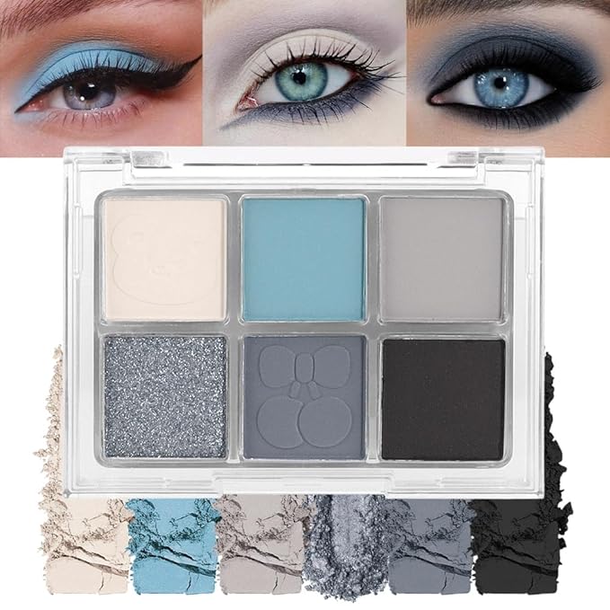 6 Colors Glitter Matte Eyeshadow Palette, Light White Sky Blue Gray Silver Black Sparkly Eyeshadow Palette Makeup, Warm Eye Shadows Palette Long Lasting Naturing-Looking Women Girls Eye Shadow 03