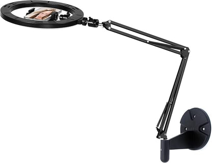 Ring Light Wall Mout Phone Holder, 10'' Ring Light with Wall Folding Arm Compatible with iPhone 15 14 13 12 11 Xr Xs X 9 8 7 Plus and Samsung Cell Phones and Webcams