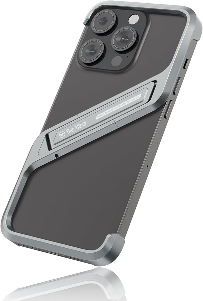 Lightweight Aluminum Alloy Shockproof Frame Case for iPhone 15 Pro Max Metal Bumper Cover with Hidden Stand (Gray)