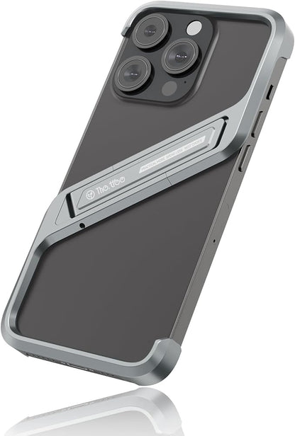Lightweight Aluminum Alloy Shockproof Frame Case for iPhone 15 Pro Max Metal Bumper Cover with Hidden Stand (Gray)