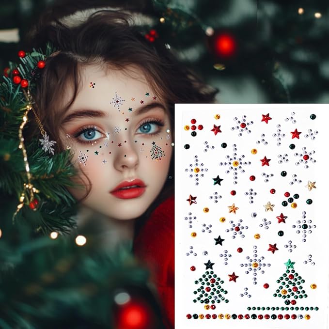 3 Sheet Christmas Face Gems Hair Gems, Self-Adhesive Face Jewels Eye Jewels Rhinestones DIY Face Gems Stick on, Halloween Makeup Gems Rave Accessories for Face Eyes Body Makeup, Crafts