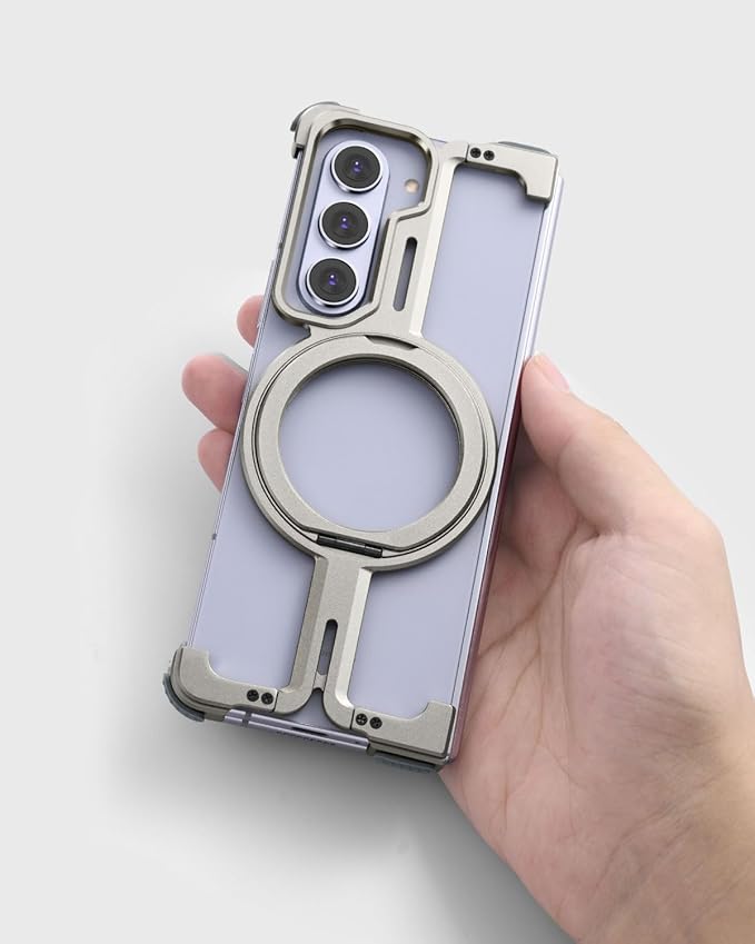 OATSBASF for Samsung Galaxy Z Fold 5 Bumper Case, with Kickstand 360° Rotatable Magnetic Stand Case, Minimalist Phone Case for Galaxy Z Fold 5, Frameless Metal Case, Natural Titanium