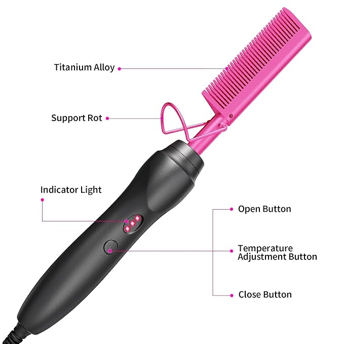 Hot Comb Hair Straightener Heat Pressing Combs - Ceramic Electric Straightening Comb for Natural Black Beard Wigs Holiday Gift- Pink