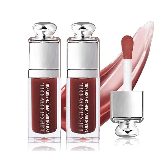2PCS Hydrating Lip Glow Oil, Lip Oil Gloss Transparent Toot Tinted Nourishing Long Lasting Repairing Lightening Lip Lines (MAHOGANY) 0.2 OZ