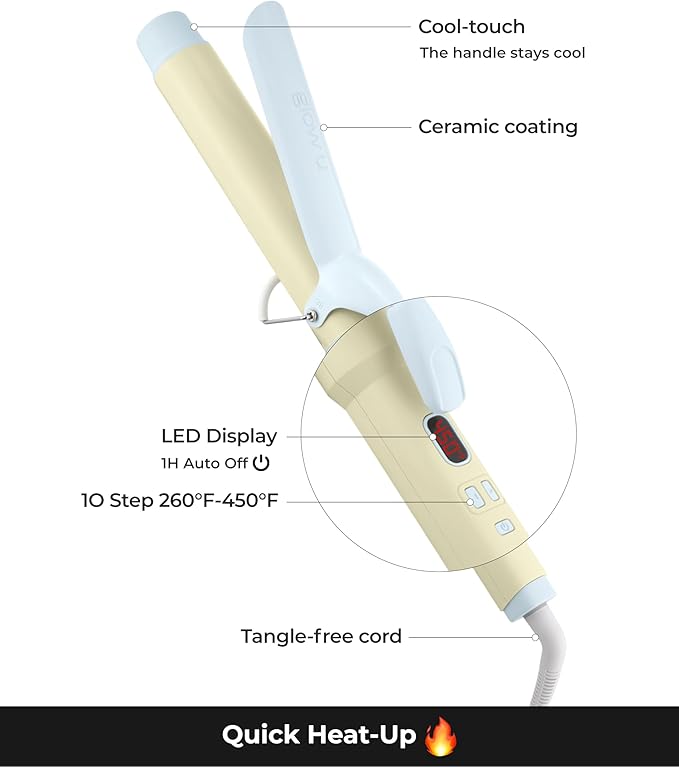 1 1/2 inch Extra Long Curling Iron - 10 Temperature Modes Fast and Easy Styling - 7.3" Ceramic Barrel Hair Wand for All Hair Types Blowout, Beach Waves, Bouncy Curls - Marshmallow