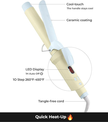 1 1/2 inch Extra Long Curling Iron - 10 Temperature Modes Fast and Easy Styling - 7.3" Ceramic Barrel Hair Wand for All Hair Types Blowout, Beach Waves, Bouncy Curls - Marshmallow